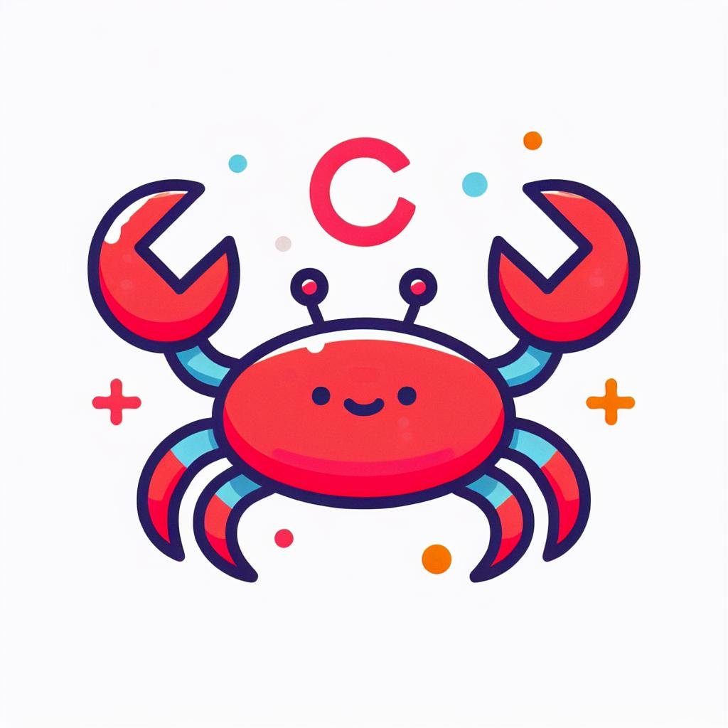 Crabe dessiné souriant, style cartoon et coloré.