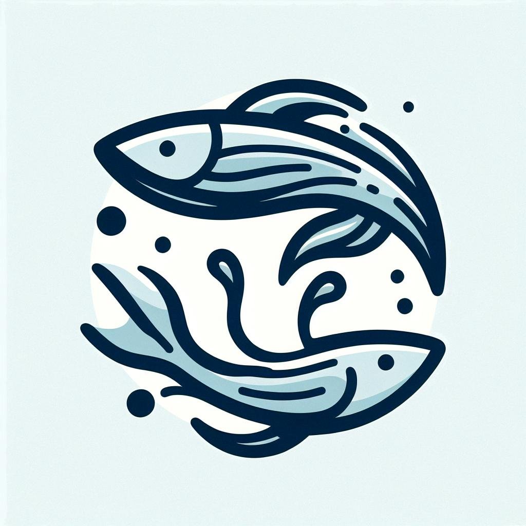 Illustration stylisée de poissons et vagues abstraites.